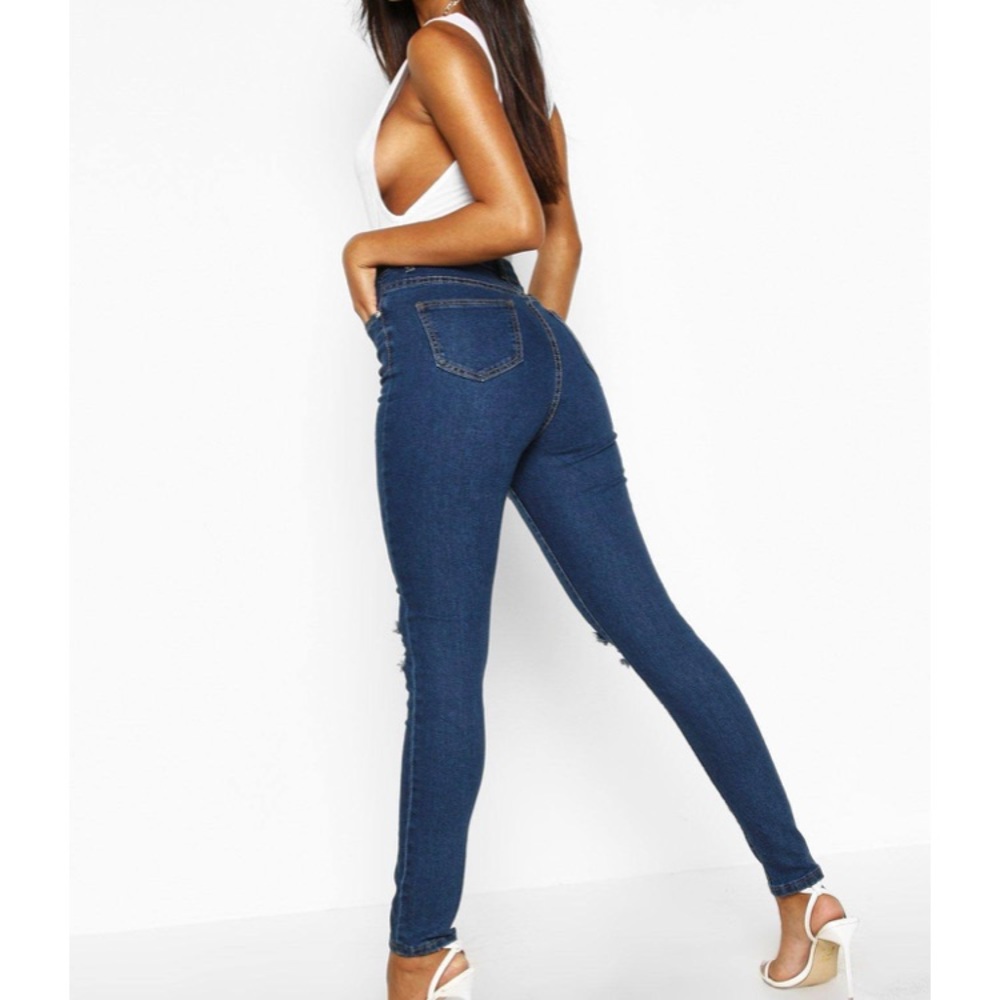 - boohoo Basics High Waist Distressed Skinny Jeans